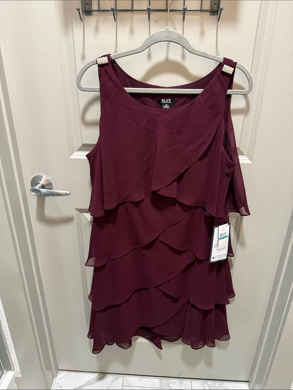 SLNY Wine Red Layered Ruffle Mini Dress with Embellished Shoulders